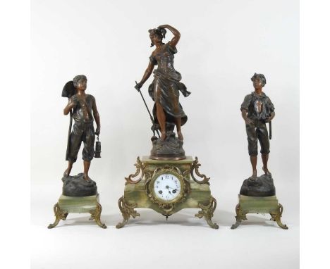 A 19th century continental spelter and onyx three piece figural clock garniture, having a painted enamel dial, the case surmo