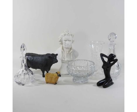 A simulated marble portrait bust, of Beethoven, 27cm high, together with a SHEBEG bull and various decorative china and glass