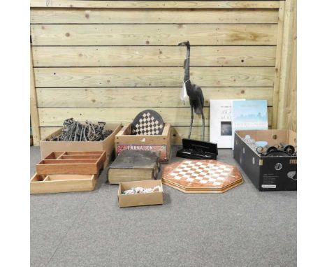 A collection of items, to include a metal life size garden model of a heron, two part chess sets and model railway trackHeron