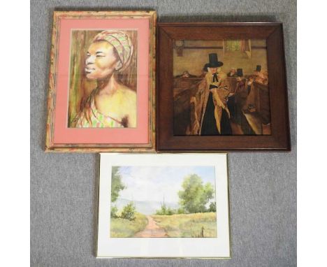 Segal, portrait of a woman, watercolour, 54 x 35cm, together with another watercolour and a print (3)
