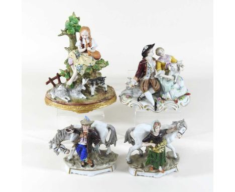 A Sitzendorf porcelain figure group, of a girl seated in a tree playing the recorder, with lambs by her feet, 19cm high, toge