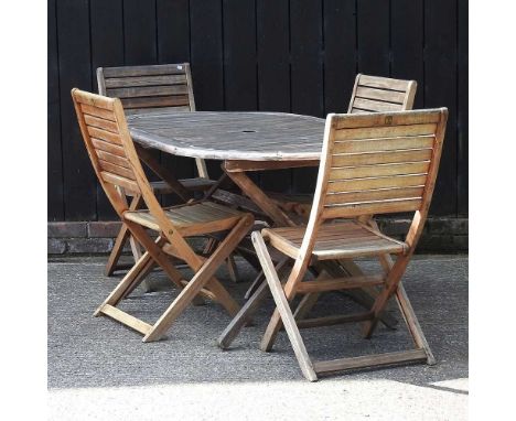 A hardwood slatted garden table, together with a set of four slatted folding garden chairsTable 148 x 90 x 74h cm