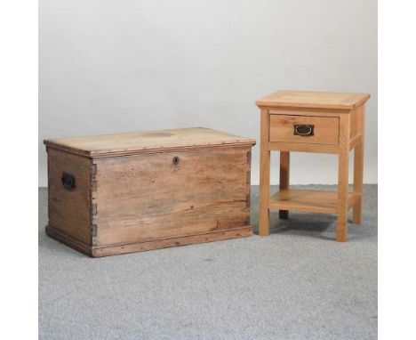 An antique pine trunk, together with a modern light oak bedside table (2)Trunk 85w x 50d x 45h cm