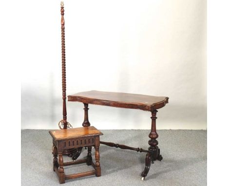 A Victorian stretcher table, together with an oak joint stool and an early 20th century standard lamp, with a spirally turned