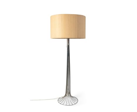 Designer floor lamp. 1980s.Chromed metal structure. Fabric lampshade.Four points of light.Measurements: 152 cm (total height)