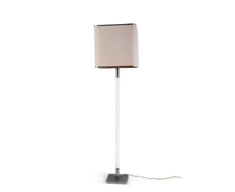 Designer floor lamp. 1980s.Methacrylate base with chromed metal base. Parchment lampshade.Three points of light.Measurements: