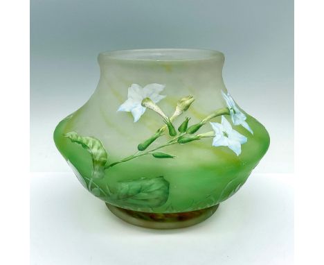 An outstanding cameo vase with enamel paint of Nicotiana alata Grandiflora flowers against a fabulous green colored glass. Ex