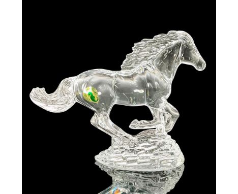 Elegant clear crystal horse figurine. Waterford back stamp on the bottom. This item has its original box which measures 10"L 