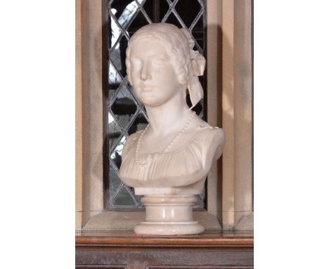 Georges Diebolt (French, 1816 - 1861), a sculpted white marble bust of a lady, portrayed facing forwards, her hair adorned wi