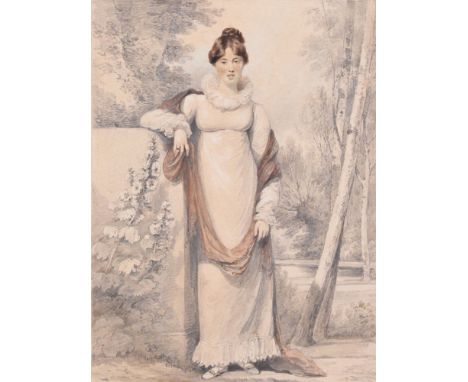 Richard Cosway (British 1742-1821) Portrait of a lady leaning on a pillar   Pencil and watercolour heightened with white, on 