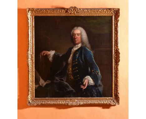 Attributed to Francis Hayman (British 1708-1776) Portrait of James Vernon in a blue coat and gold waistcoat Oil on canvas, in