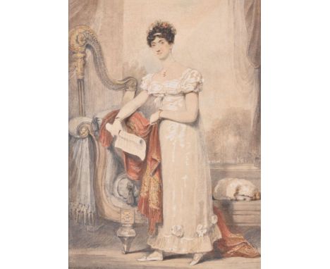 Henry Edridge (British 1769-1821)   Portrait of a Lady standing at a window with a harp and dog   Pencil and watercolour heig
