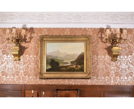 A set of four Italian carved giltwood three light wall lights in 18th century taste, 20th century, carved in the form of urns