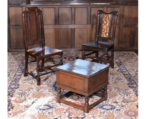 Two similar William III oak hall chairs, circa 1700, together with a Charles II oak box commode, circa 1680, 46cm high, 51cm 