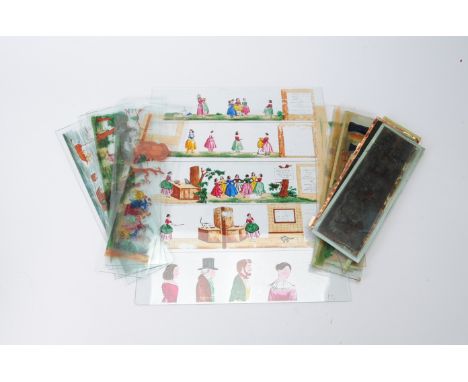 Mid-19th Century French Hand-Coloured Magic Lantern Long Sliders,  genre, story and romantic scenes, 300mm long, in wooden bo