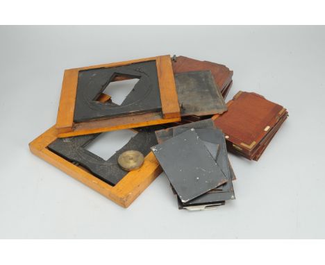 Plate Holders, two 6¾in. square plate holders fitted with rotary 5¼ x 3¼ in mask inserts, three whole plate (8½ x 6½ in.) hol