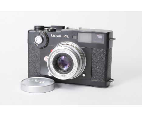 A Leica CL Camera, black, serial no. 1325294, 1973/4, shutter not working, body G, with a chrome Leitz Elmar 5cm f/2.8 collap