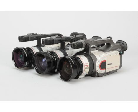 Three Canon 3CCD Digital Video Camcorders, one XM1, with 4.2-84mm f/1.6-2.9 20x zoom lens, Canon WD-58 0.7 x 58 wide converte