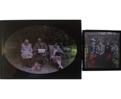 Autochromes,  half-plate - British family in deckchairs and lily pond, circa 1920 (2), huge youth picnic on rocky crag, proba
