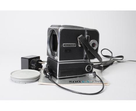 A Hasselbad 500EL/M Camera Body, chrome, serial no UPE21844, shutter untested, body G-VG, slight marks to film back plate, sl