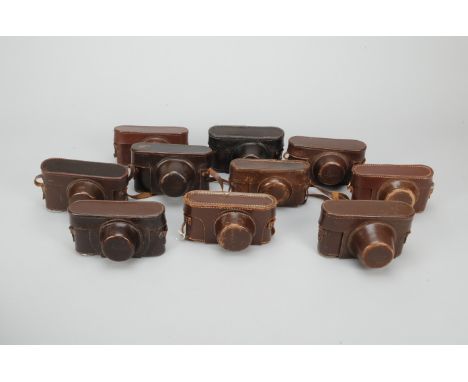 Leitz Camera Cases, ten screw mount camera cases, brown leather, without film reminder window cut-outs, mainly with neck stra