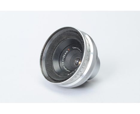 A Carl Zeiss Jena 25mm f/4 T Topogon Lens, for Contax , serial no 3510141, barrel F- G, small dings to filter ring, wear to f