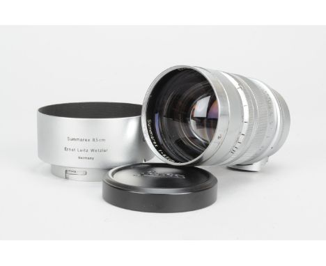 A Leitz Summarex 85mm f/1.5 Lens, serial no. 823013, 1950, Leica screw mount, chrome barrel, G, elements, F, fungus and dust,