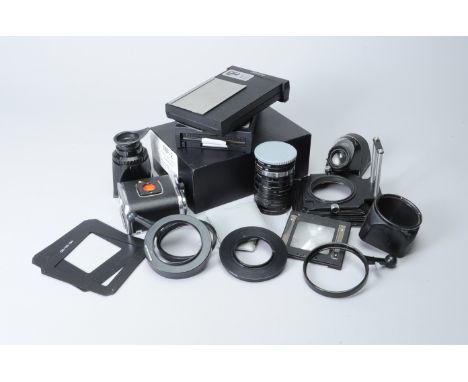 Hasselblad Accessories, including a SWC focusing screen adaptor, various filters, prism, magnifing hood viewfinders, two focu