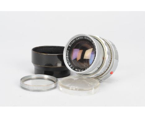 A Leitz Summicron 5cm f/2 Lens, serial no. 1449463, 1956, Leica M bayonet, barrel F-G, elements P-F, haze and fungus threads,