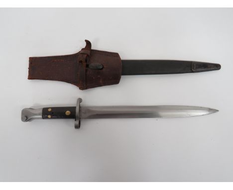 Rare 1st Pattern P1888 MKI Bayonet12 inch, double edged blade.  Forte marked “2/90”.  Steel muzzle ring, crossguard and pomme