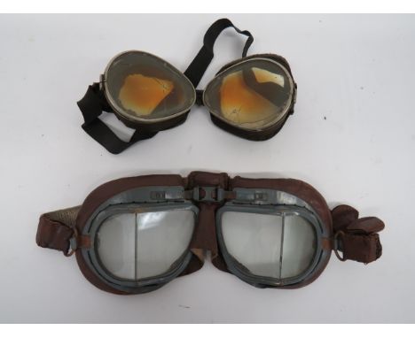Pair of Royal Air Force MK8 Flying Gogglesgrey painted, brass angular frames.  Central joining bracket.  Brown leather and ch
