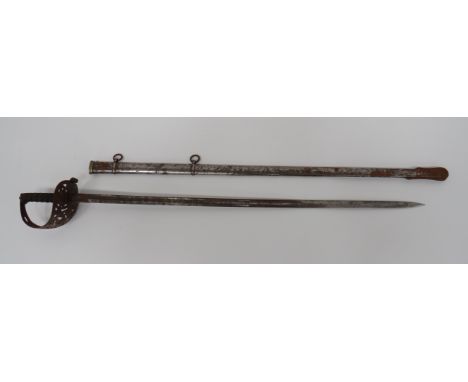 20th Century Royal Engineers Levee Pattern Sword32 3/4 inch, single edged, slightly curved, narrow blade.  Steel honeysuckle 