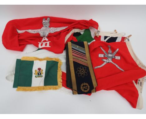 Small Selection of Flagsincluding Union Jack .. United Arab Emirates ... Oman ... QC 3rd Parachute Reg ... Nigeria embroidery