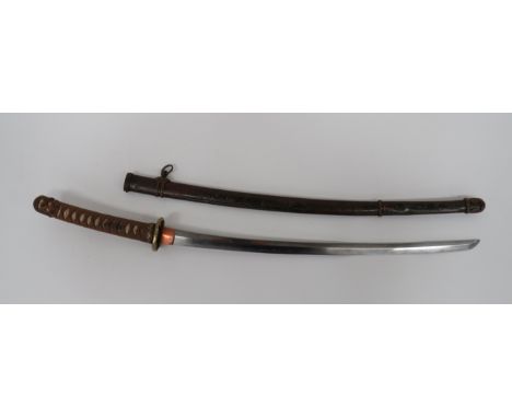 Japanese Officer’s Katana Sword with Signed Tang25 3/4 inch, single edged blade with wavy hammon. Copper habaki. Signed tang.