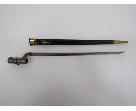 British 1853 Pattern Socket Bayonet In First Pattern Scabbard17 1/4 inch, triangular form blade with hollow ground sides.  Th