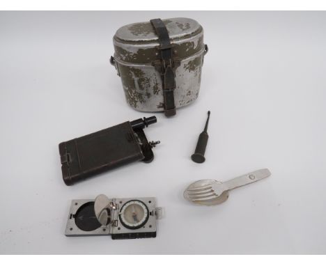 Small Selection of Third Reich German Items consisting green painted alloy mess tin with wire top handle.  Leather securing s