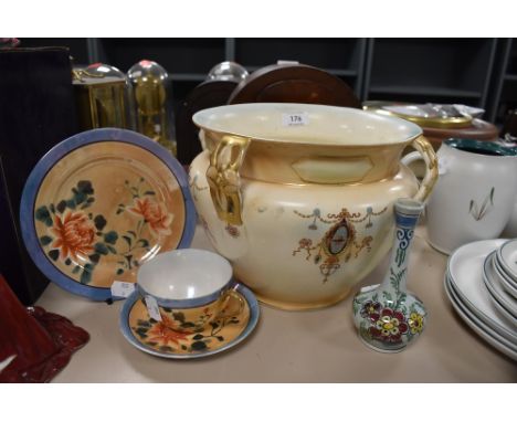 A vintage Adams planter having ivory ground and swag and floral transfer pattern,also included is a bud vase and lustre trio.