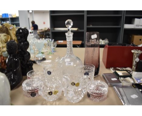 A collection of Stuart crystal and similar, also included is a vintage etched decanter.