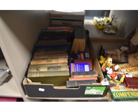 A box full of vintage and antique books including novels and Mrs Beetons family cookery.