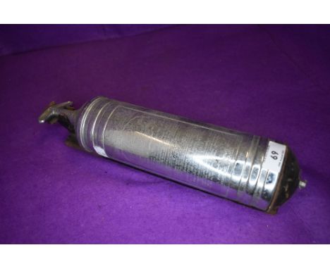 A small chrome cased vintage fire extinguisher marked RAC