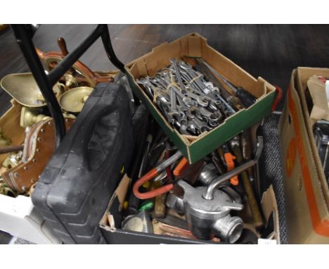 A variety of mixed tools including a good assortment of imperial spanners, drill, hammers and more.