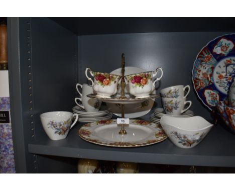 A selection of tea and cake wares including Royal Albert Old Country Roses cake plate and Midwinter