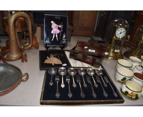 A mixed lot of items including boxed vintage spoons ,wooden box AF and foil pictures.