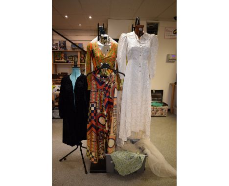 Vintage Costume - a Victorian silk velvet coat, embroidered detail; a pair of 1960s psychedelic flares; a 1960s keyhole dress