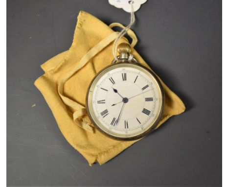 A Victorian silver open face pocket watch, white enamel dial, Bold Roman numerals, minute track, blued spade hands, button wi