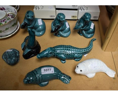 Ceramics - Poole animals glazed in tones of turqoise and white including crocodile, otter, seal, etc (8)