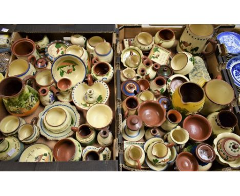A Devon terracotta motto ware violet scent bottle, trinket dishes, jugs, vases, etc; qty