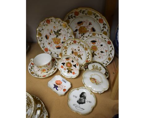 A Royal Crown Derby Asian Rose pattern teacup, saucer and side plate, others wavy edged plate, trinket dishes; etc (11)