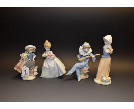A Nao figure, Clown mandolin player; others, girl with puppy; flowers; etc.; printed marks (4)