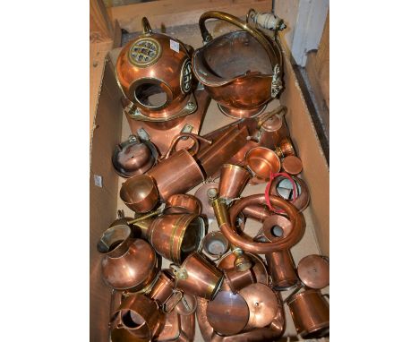 Metalware - a small copper and brass divers helmet; copper Bass advertising ashtrays; miniature copper cookware; others, horn